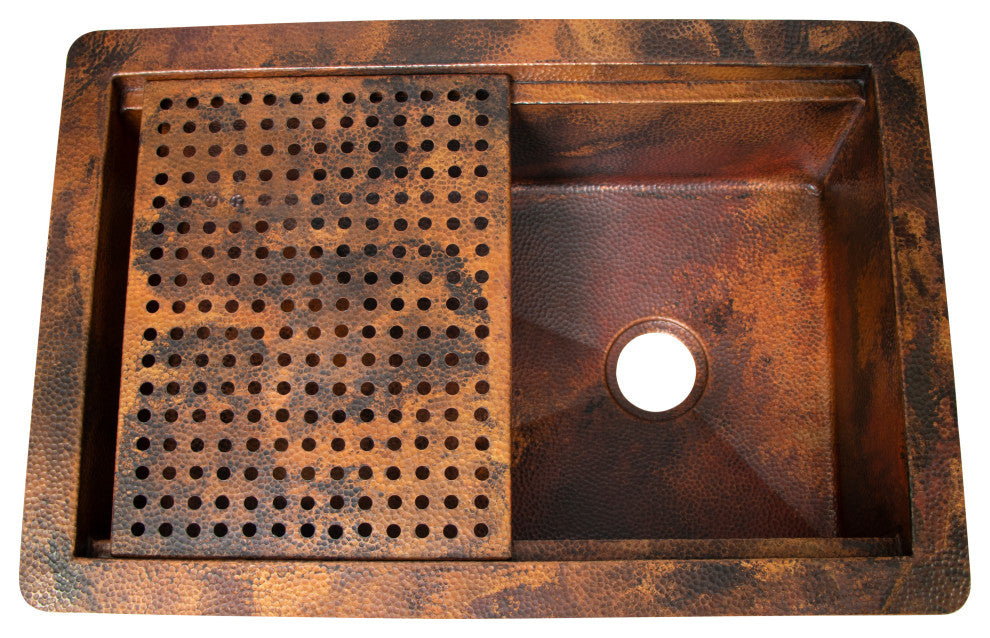 33" Drop-in One Bowl Hammered Copper Kitchen Sink w/ Removable Grill, 16 Gauge