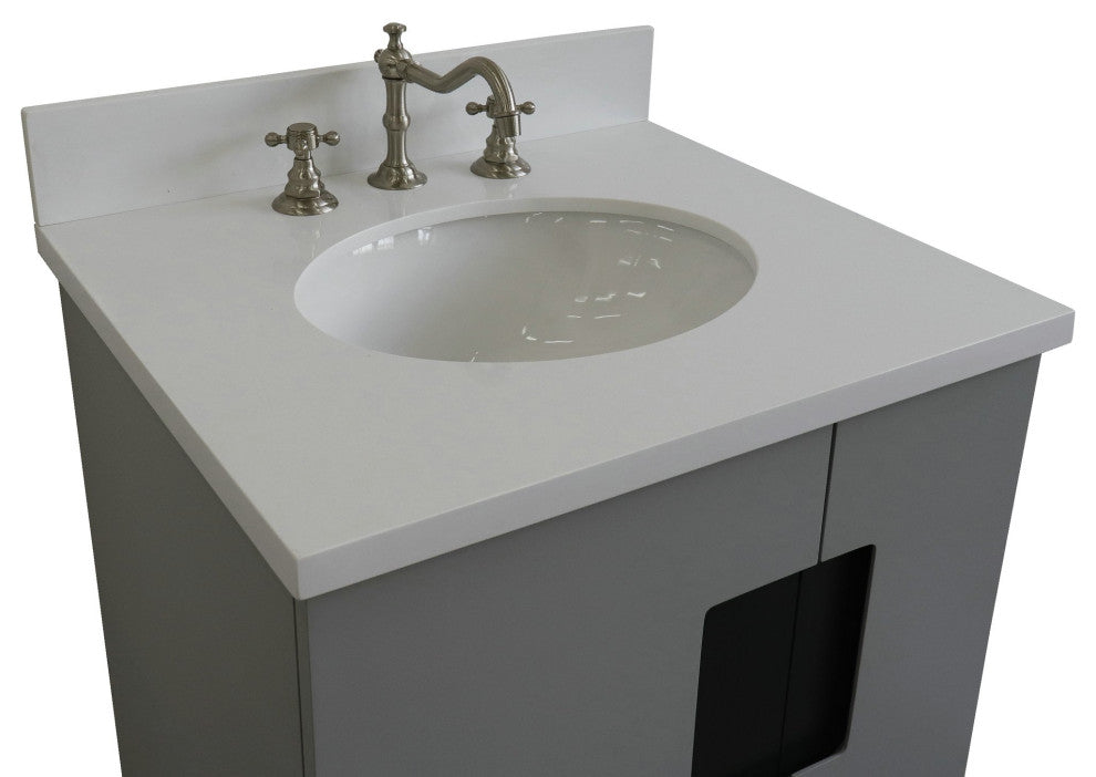 25" Single Sink Vanity, Light Gray Finish With Engineered Stone Top, Oval Sink