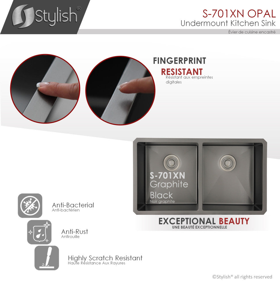 STYLISH 32in Graphite Black Double Bowl Undermount Stainless Steel Kitchen Sink