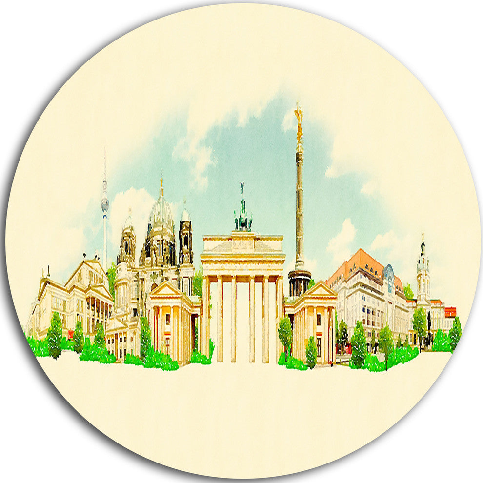 Berlin Panoramic View, Cityscape Watercolor Round Metal Wall Art, 36"