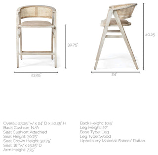Tabitha Beige Fabric with Rattan Seat and Blonde Solid Wood Frame Bar Stool