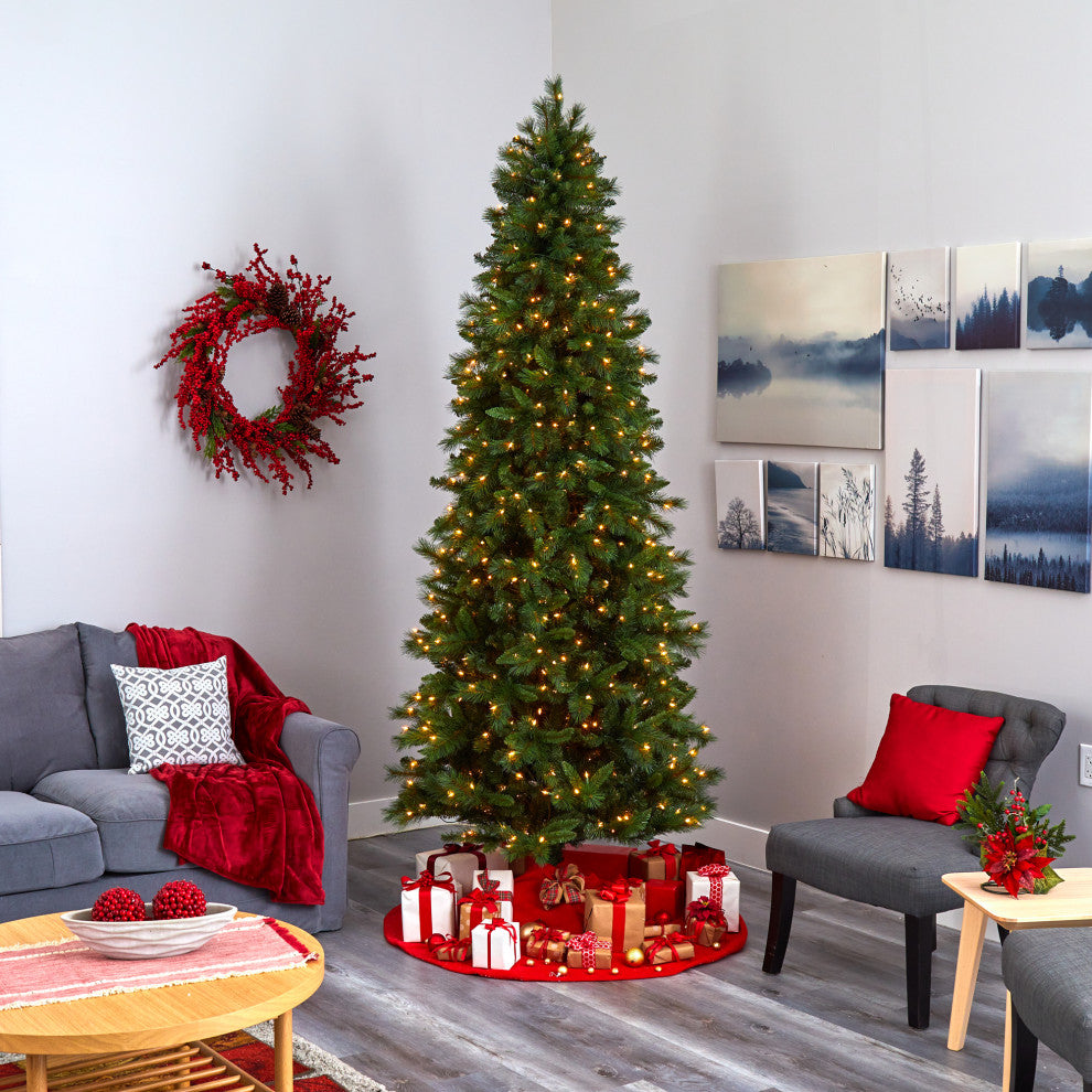 9' Slim West Virginia Mountain Pine Faux Xmas Tree W/ Lights & Bendable Branches
