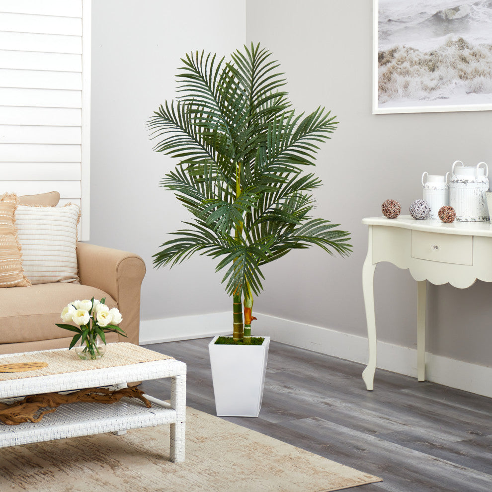 5.5' Golden Cane Artificial Palm Tree, White Metal Planter