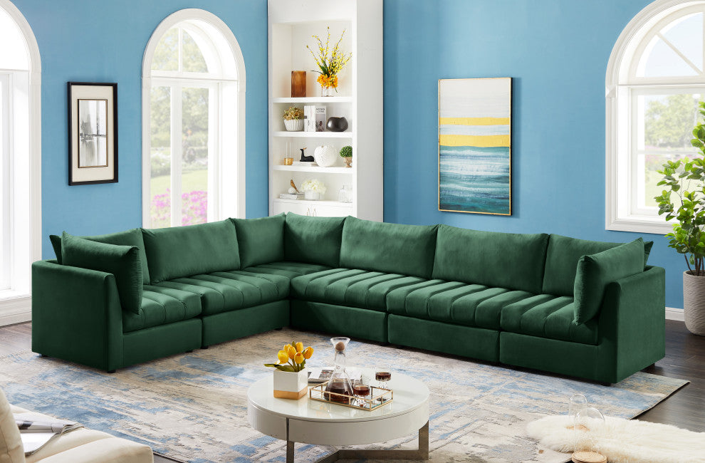 Jacob Velvet Upholstered 6-Piece L-Shaped Modular Sectional, Green
