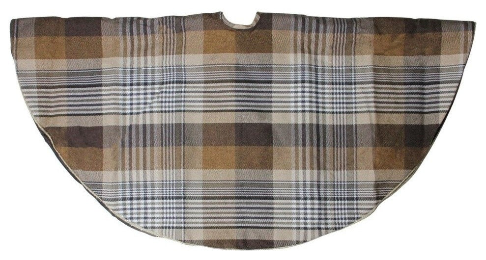 48" Brown Plaid Rustic Woodland Christmas Tree Skirt With Gold Trim