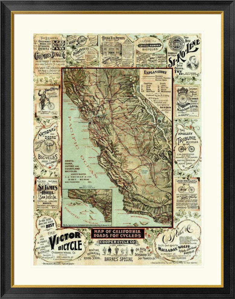 "Map of California Roads for Cyclers, 1896"  by George W. Blum, 36x46"