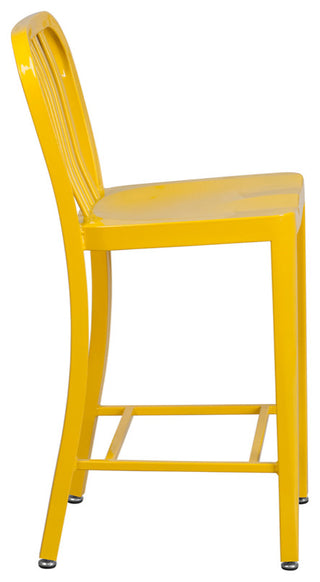 24" High Yellow Metal Indoor-Outdoor Counter Stool With Vertical Slat Back