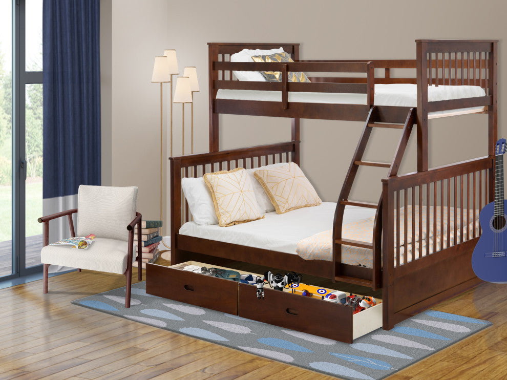Twin Bed, Two Split Beds, The Both Beds Secure Due To Guard Rails, Walnut Finish