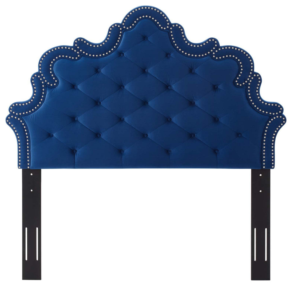 Tufted Headboard, Nailhead, Twin Size, Blue Navy, Velvet, Modern, Mid Century