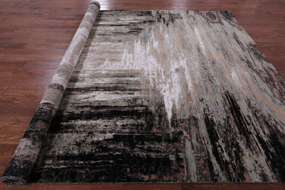 9' 0" X 12' 1" Abstract Handmade Wool and Silk Rug Q6833