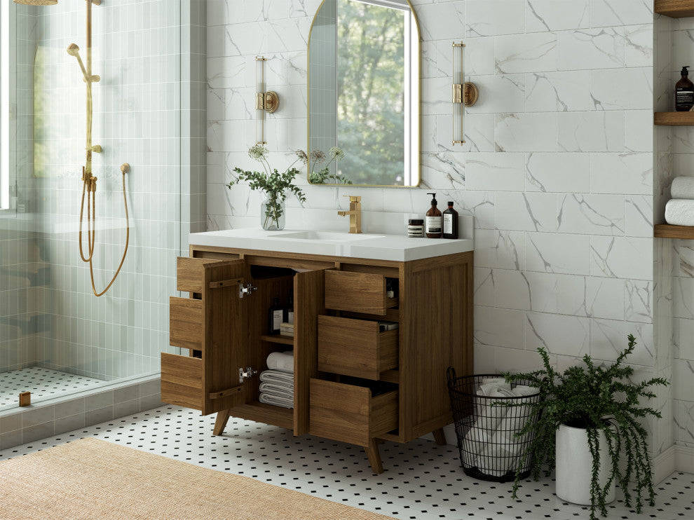 Madison Teak 48 Single Sink Bath Vanity in Dark Natural 2" White Quartz