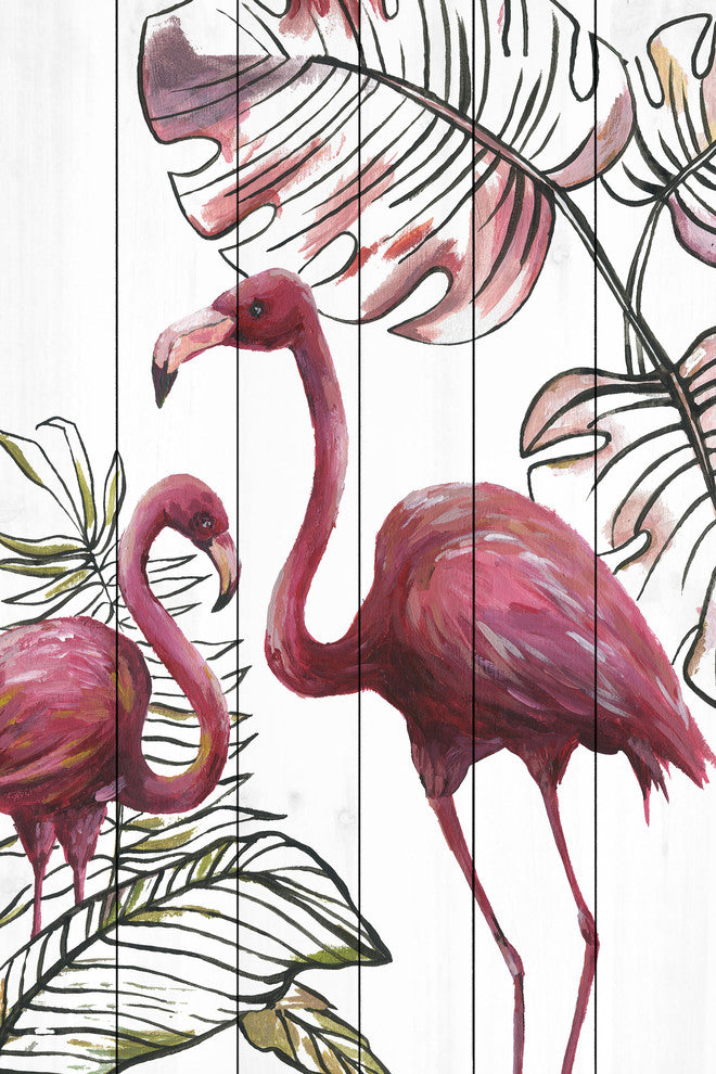 "Tropical Flamingos I" Painting Print on White Wood, 12"x18"