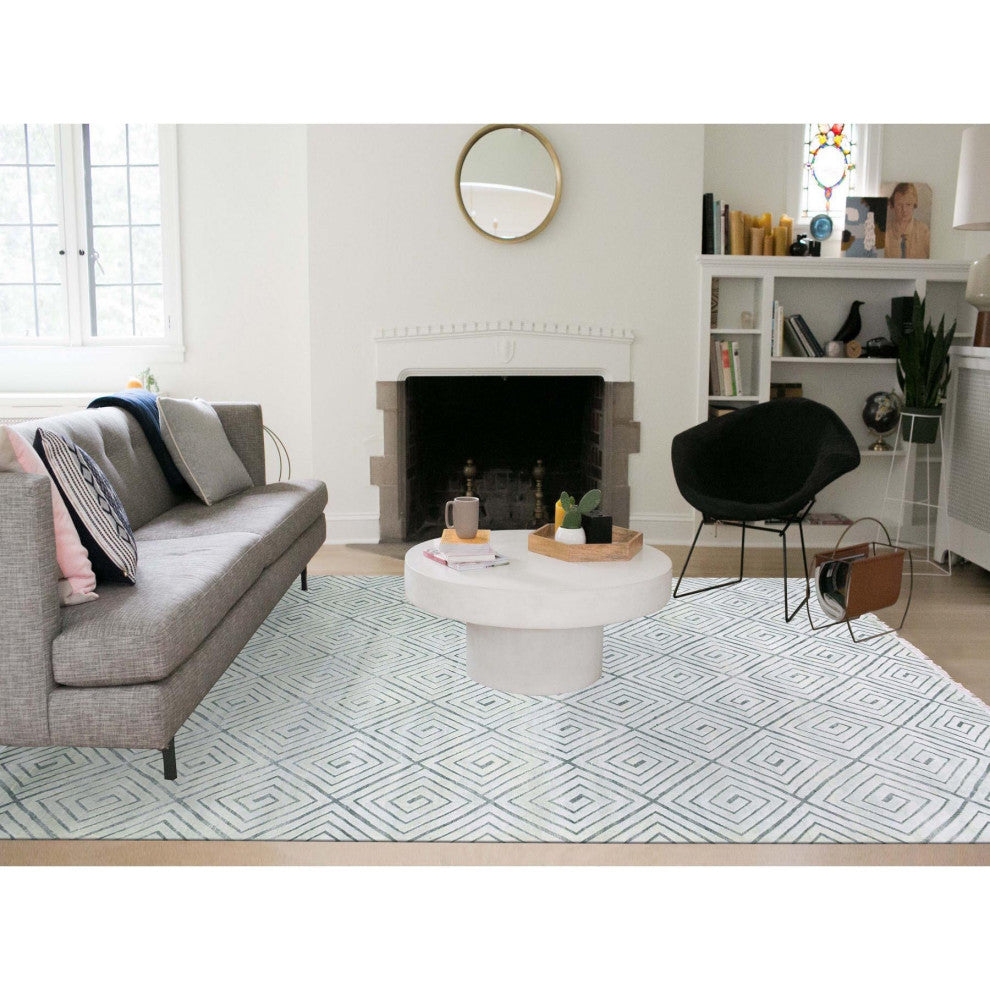 Ivory, Modern Roman Key Design, Silk With Wool Hand Knotted Rug, 9'0"x12'1"