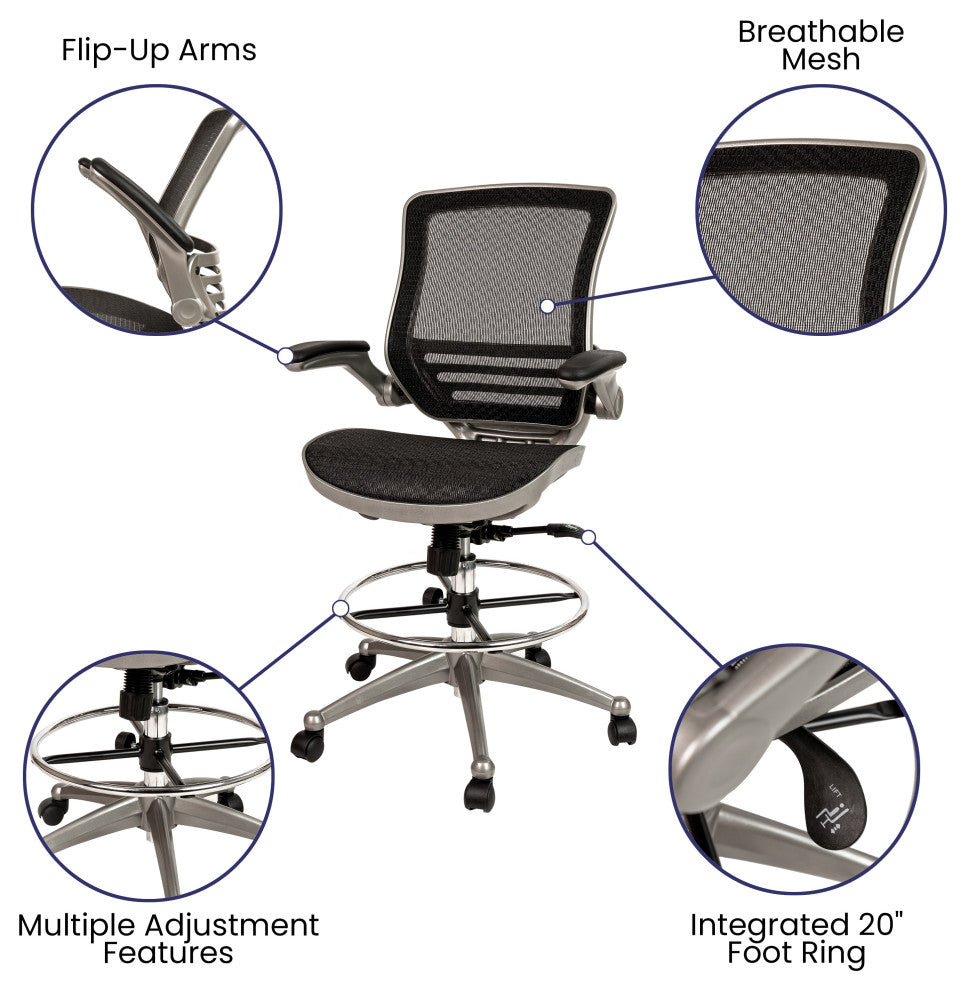 Mid-Back Transparent Black Mesh Drafting Chair -Silver Frame and Flip-Up Arms
