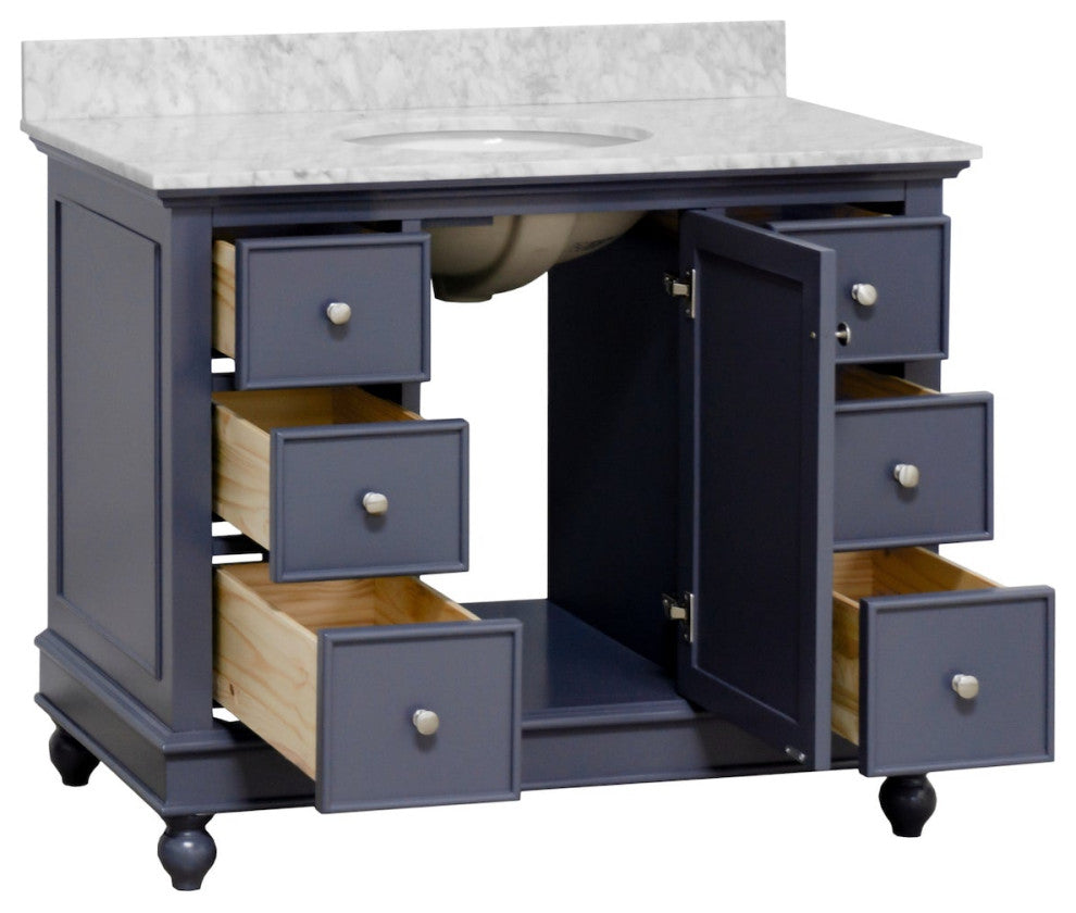 Bella 42" Bathroom Vanity, Marine Gray, Carrara Marble