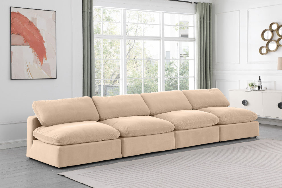 Comfy Upholstered Modular Sofa, Beige, 4-Piece: 4 Armless Chair, Velvet