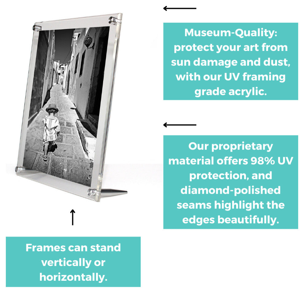 4x6" Clear UV Grade Acrylic Tabletop Floating Picture Frame  for Art and Photos, Silver Hardware