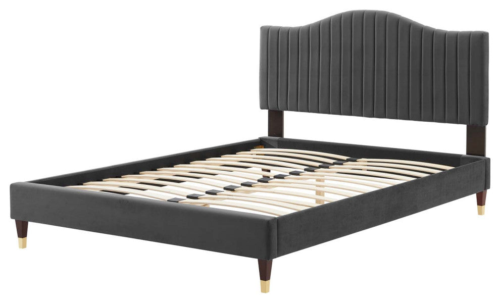 Tufted Platform Bed Frame, King Size, Velvet, Gray, Modern Contemporary