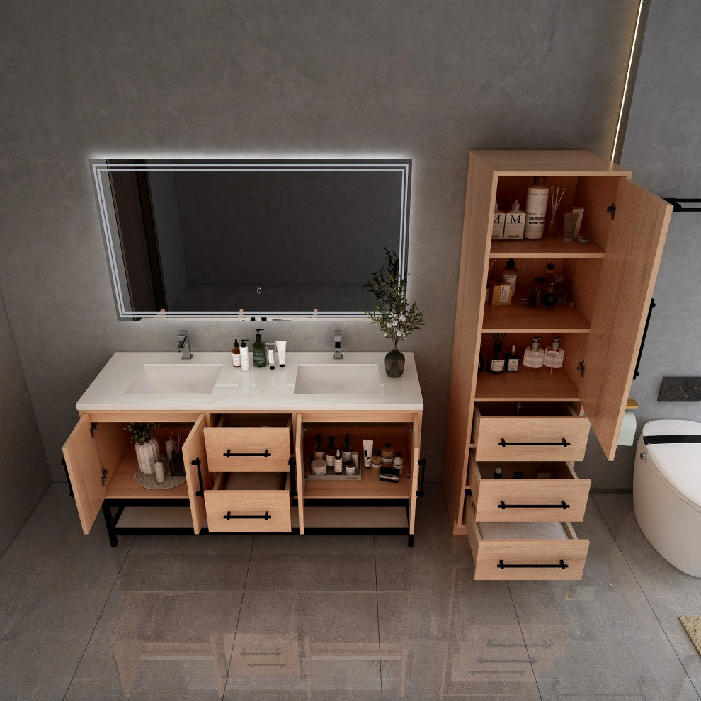 Victoria 60'' Solid Wood Open Shelf Bath Vanity Double Sink, Red Oak