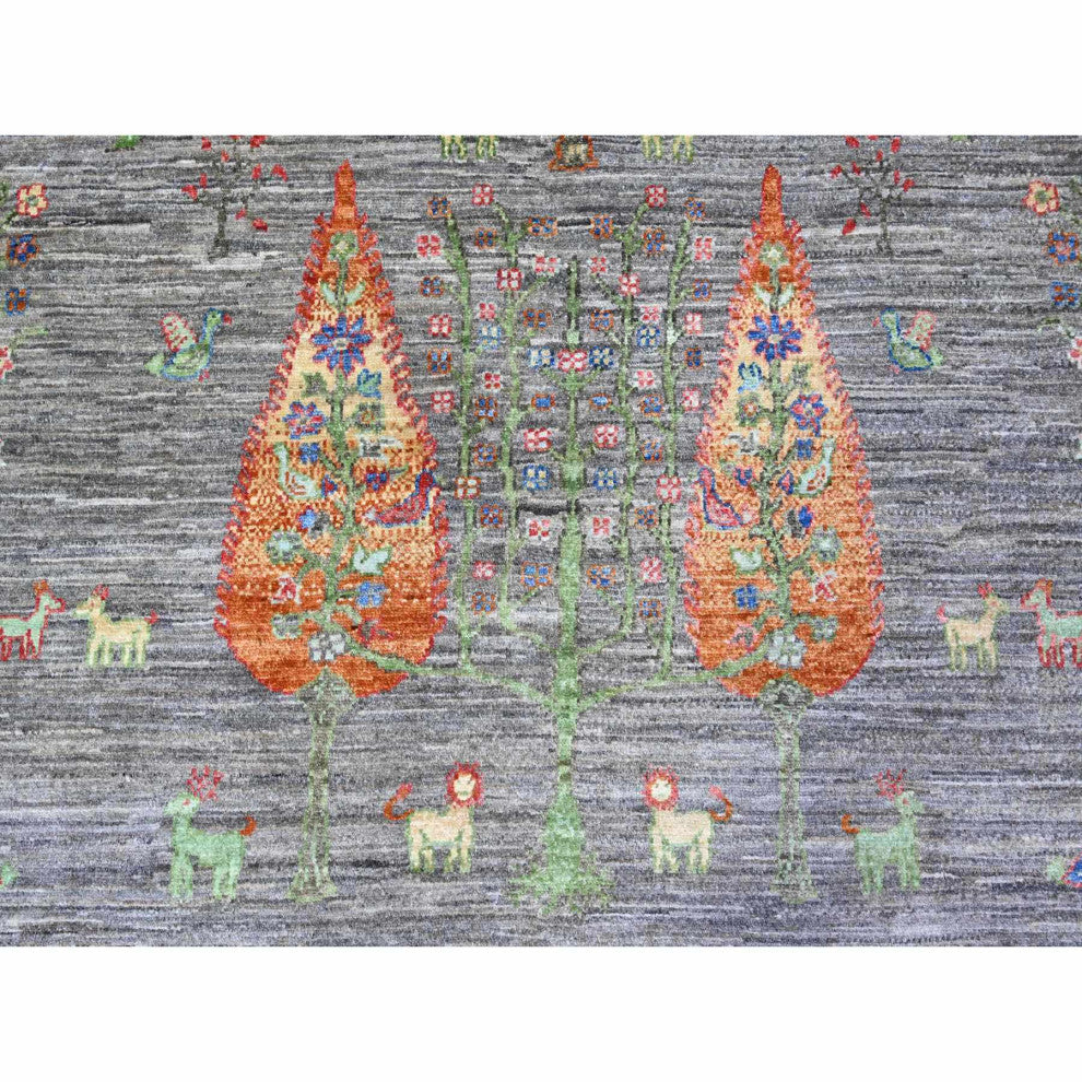 Wolf Gray Folk Art Willow Cypress Tree Design Wool Hand Knotted Rug 7'11"x9'5"