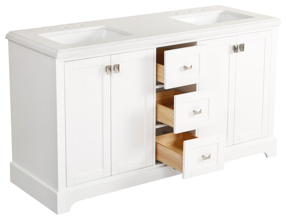 Freestanding Double Bathroom Vanity with White Carrara Marble Top, White, 60"