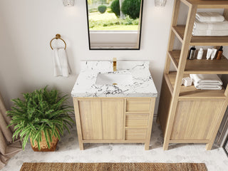 Elizabeth Oak 36" Center Sink Vanity, White 2" Viola Night