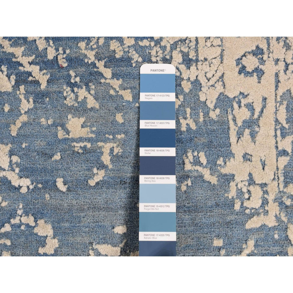 Steel Blue, Broken Persian Design, Wool and Silk, Hand Knotted Rug, 9'2"x12'1"