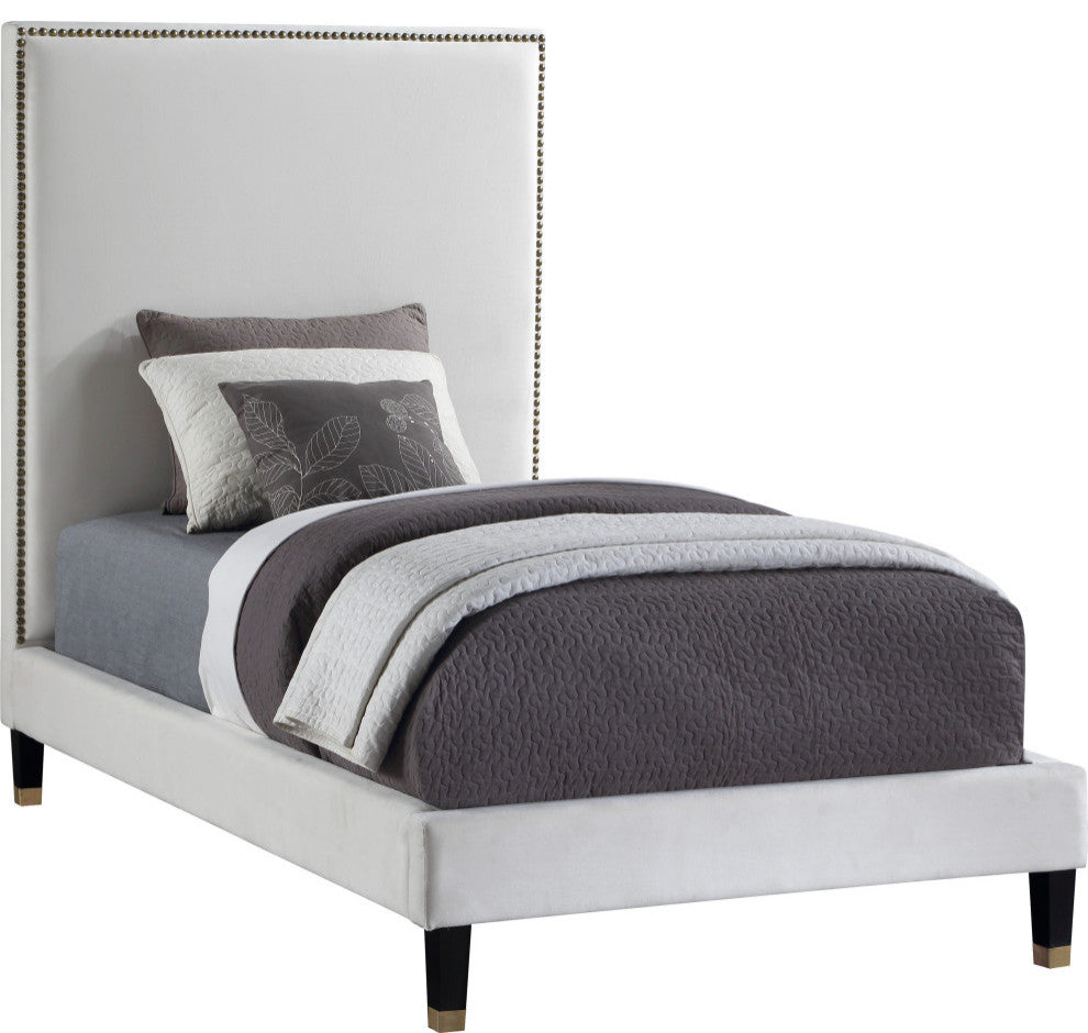 Harlie Velvet Upholstered Bed, Cream, Twin