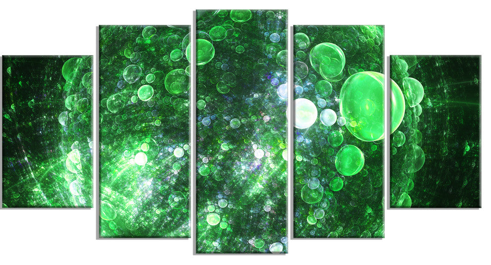 Green Fractal Planet of Bubbles, Contemporary Wall Art Canvas, 60"x32", 5 Panels