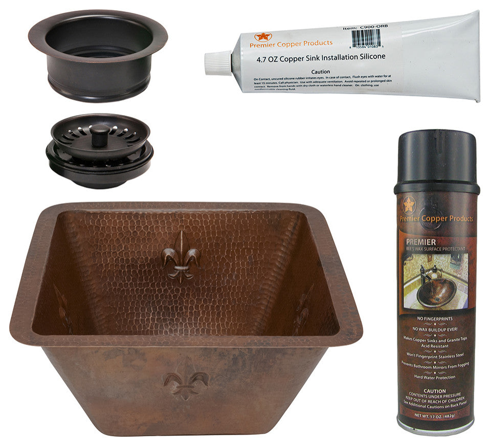 15" Square Fleur De Lis Copper Bar/Prep Sink, 3.5" Drain Opening