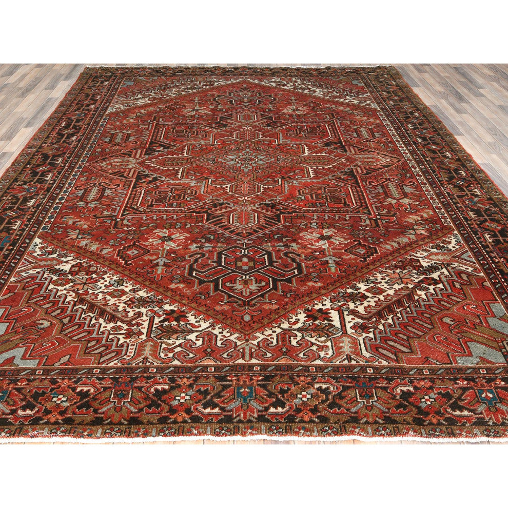 Tomato Red Hand KnottedVintage Persian Heriz Worn Down Oriental Rug 9'9"x12'4"
