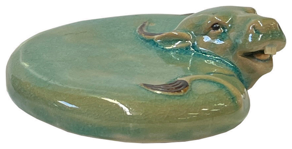 Chinese Ceramic Clay Celadon Turquoise Flat Ox Cow Shape Art Figure Hws3080B
