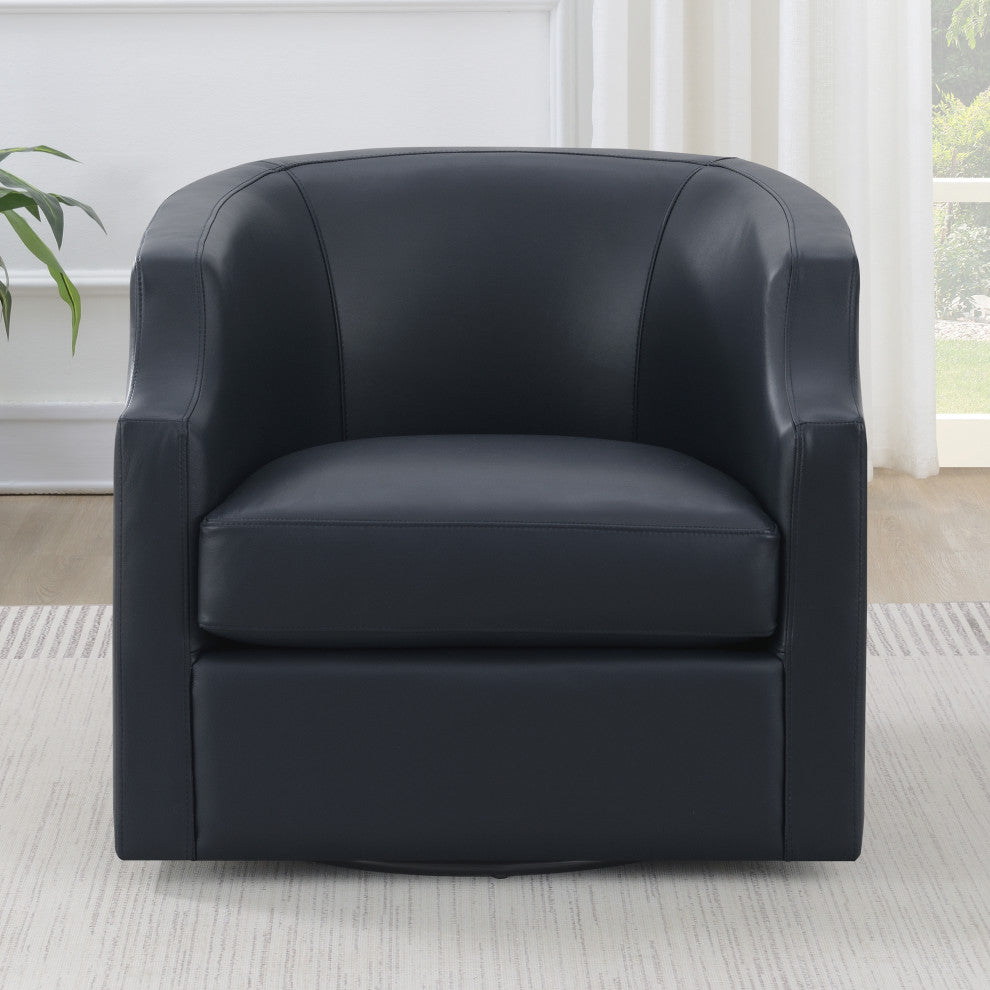 Easton Midnight Blue Top Grain Leather Swivel Glider Barrel Chair