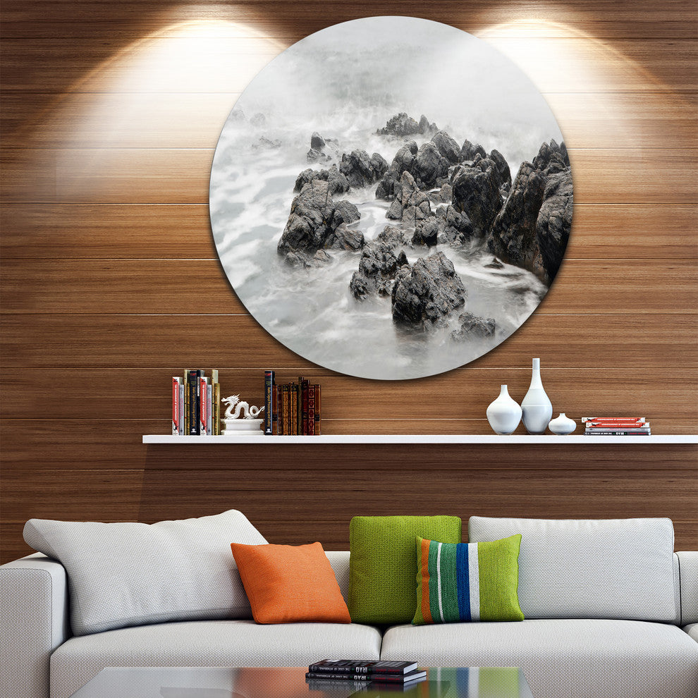 Black And White Rocky Coastline, Seashore Disc Metal Artwork, 23"
