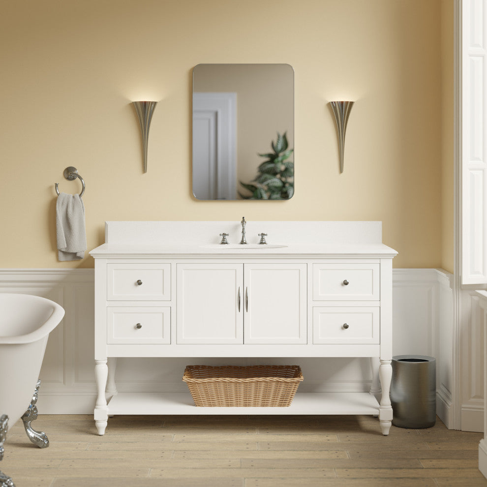 Beverly 60" Bath Vanity, White, Quartz, Single Vanity