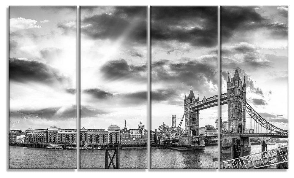 "Black and White View of London" Panorama Cityscape Wall Art, 48"x28", 4-Panels