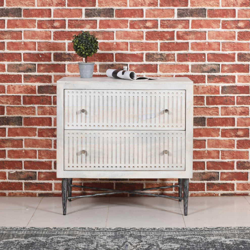 Sarah 2 Drawer Nightstand, Mango Solid Wood Brushed Ivory Finish on Iron Base