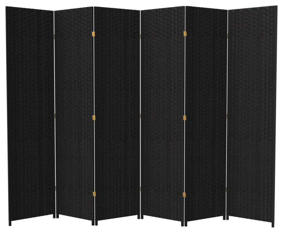 7' Tall Woven Fiber Room Divider, Black, 6 Panel