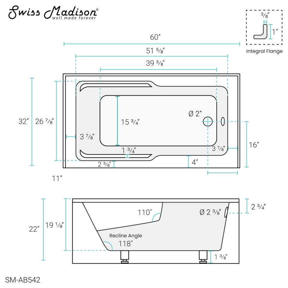 Voltaire 48"x32" Acrylic White, Alcove, Left Hand Drain, Apron Bathtub