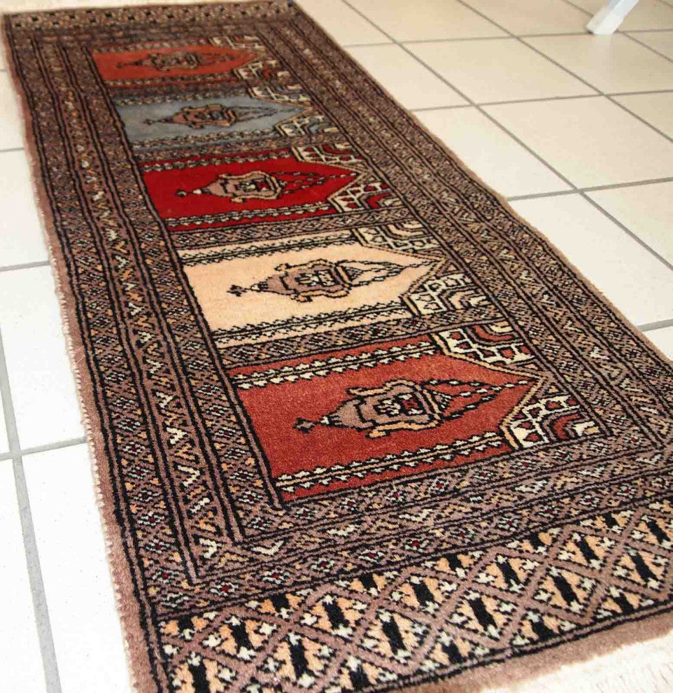 Handmade vintage Uzbek Bukhara prayer rug 1.5' x 3.3' (45cm x 101cm) 1970s