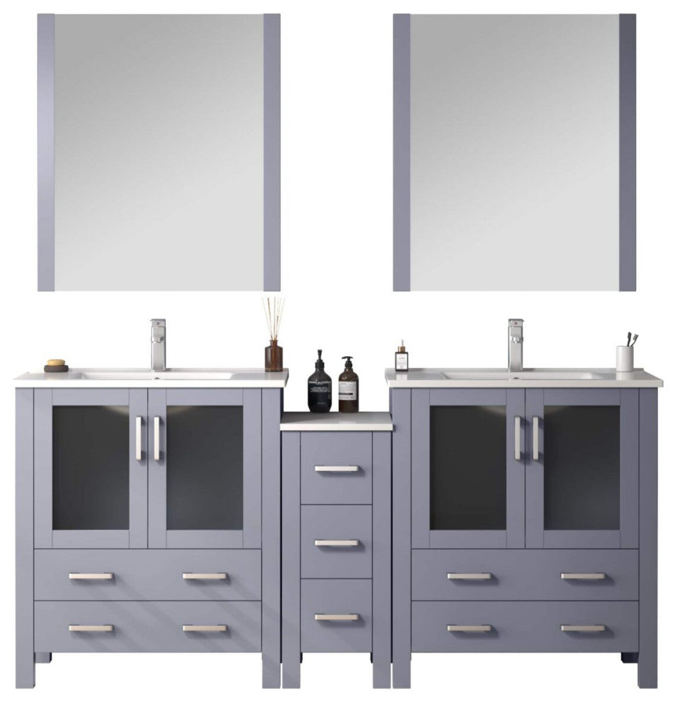 Lexora Volez 72" Vanity Cabinet, Dark Gray, Top, Mirror, 4 Doors 7 Drawers