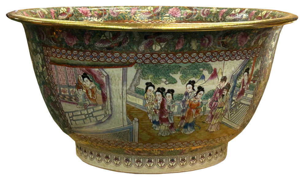 Vintage Chinese Famille Rose People House Graphic Porcelain Bowl Pot Hws4342