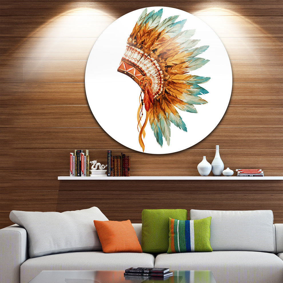 Feathers On Ethnic Skull, Digital Round Metal Wall Art, 36"
