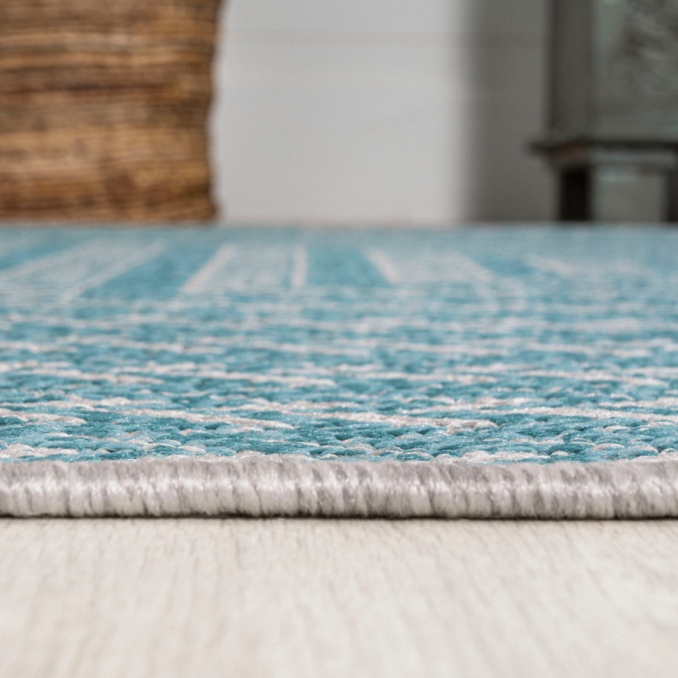 Chevron Modern Concentric Squares Indoor/Outdoor Area Rug, Aqua/Light Gray, 8x10