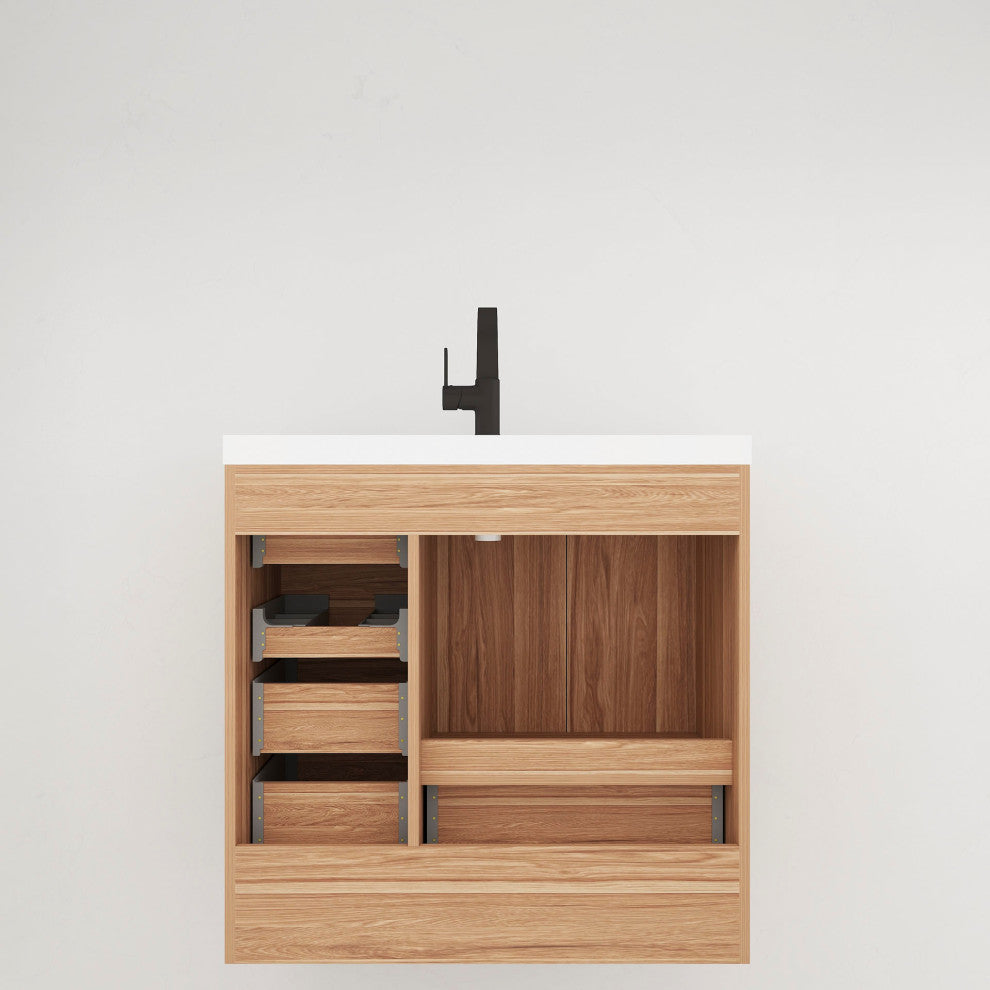 Carla 36" Freestanding Bathroom Vanity With Left Side Drawers, White Oak