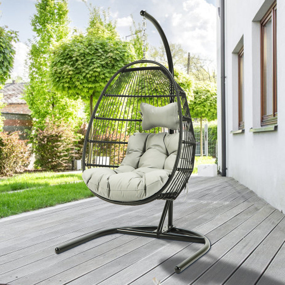 Outdoor Patio Swing Chair Egg Hanging With Cushion and Pillow, Black Beige