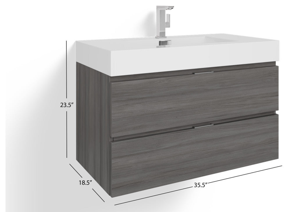 Boutique Bath Vanity, Vulcan Ash Gray, 36", Single Sink, Wall Mount