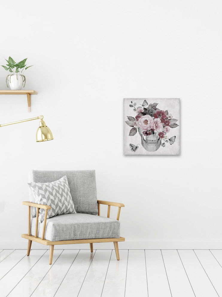 "Skull and Pink Peonies" Painting Print on Wrapped Canvas, 40x40