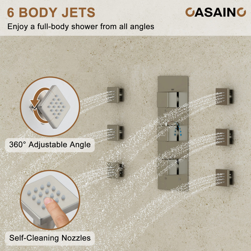 16inch Deluxe Showerhead Dual Shower Head System With Slide Bar and 6 Body Jets, Brushed Nickel