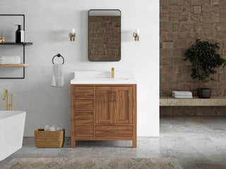 Malibu Teak 36" Right Offset Bath Vanity in Dark Natural 2" White Quartz
